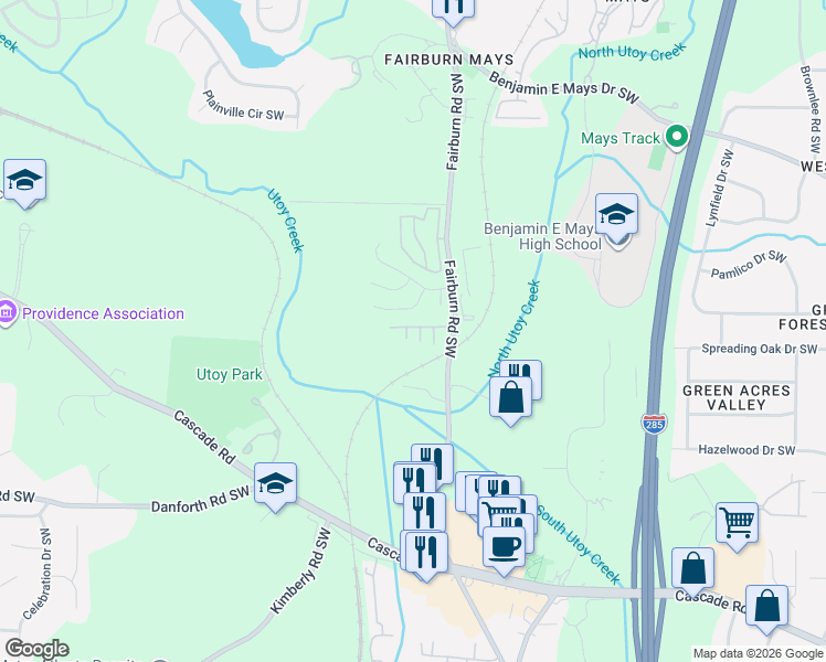 map of restaurants, bars, coffee shops, grocery stores, and more near 3621 Ginnis Ct SW in Atlanta