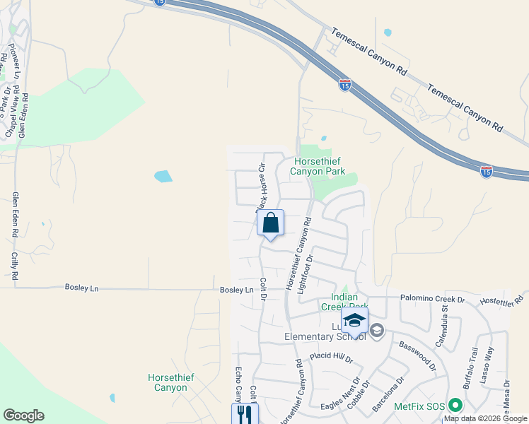 map of restaurants, bars, coffee shops, grocery stores, and more near 13090 Red Corral Drive in Corona