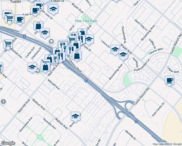 map of restaurants, bars, coffee shops, grocery stores, and more near 13921 Tustin East Drive in Tustin