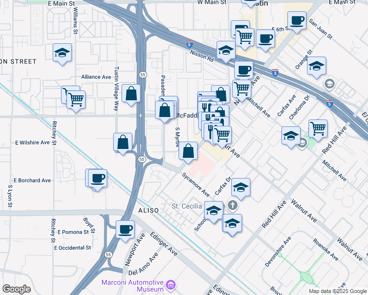 map of restaurants, bars, coffee shops, grocery stores, and more near 17220 McFadden Avenue in Tustin