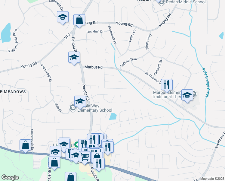 map of restaurants, bars, coffee shops, grocery stores, and more near 2014 Marbut Forest Drive in Lithonia