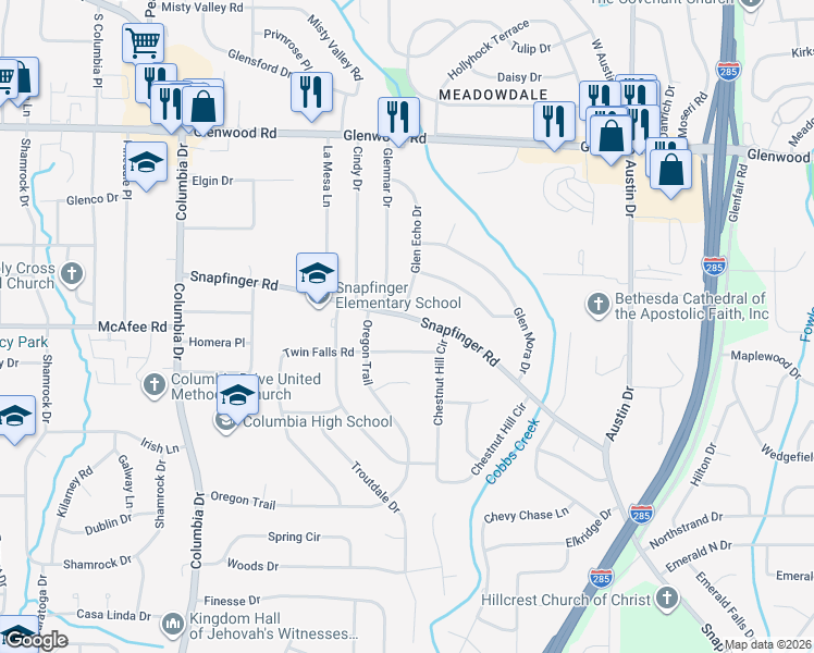 map of restaurants, bars, coffee shops, grocery stores, and more near 1508 Snapfinger Road in Decatur
