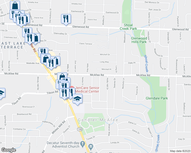 map of restaurants, bars, coffee shops, grocery stores, and more near 2791 McAfee Road in Decatur