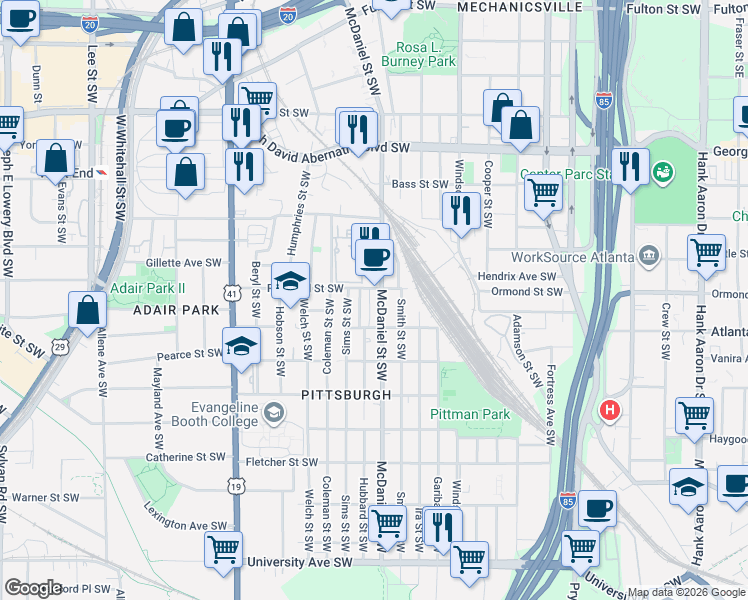 map of restaurants, bars, coffee shops, grocery stores, and more near 432 Rockwell Street Southwest in Atlanta