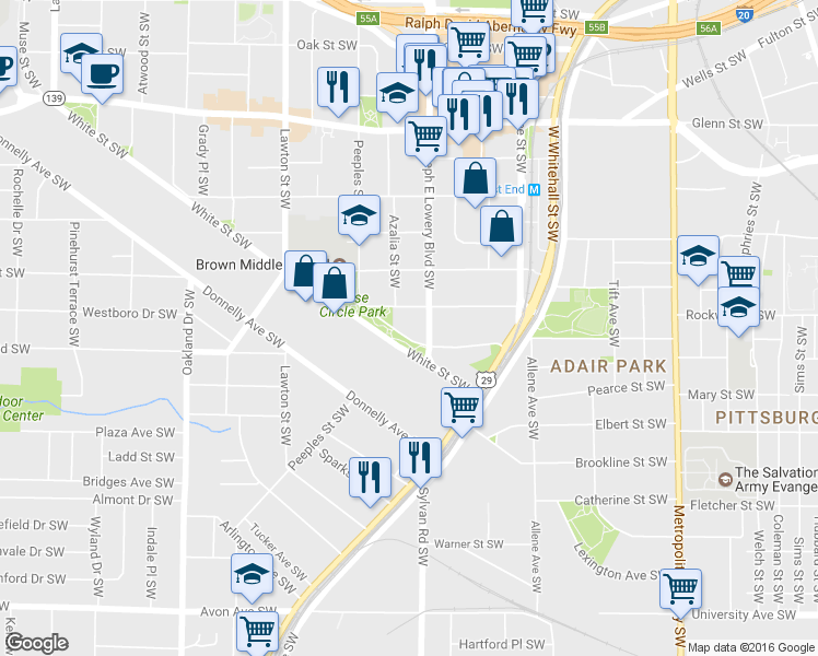 map of restaurants, bars, coffee shops, grocery stores, and more near 943 Rose Circle Southwest in Atlanta