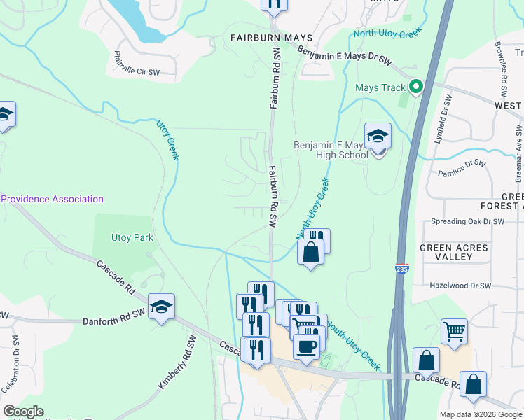 map of restaurants, bars, coffee shops, grocery stores, and more near 3786 Mays Court Southwest in Atlanta