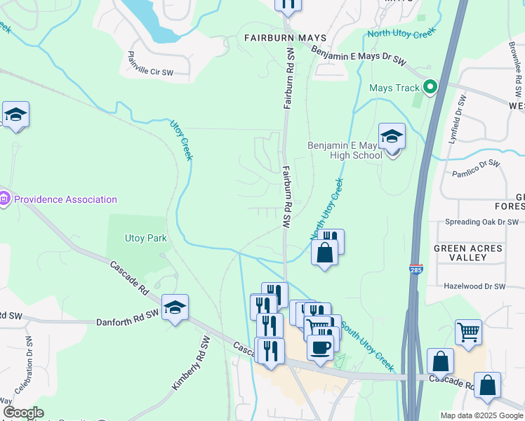 map of restaurants, bars, coffee shops, grocery stores, and more near 3786 Mays Court Southwest in Atlanta