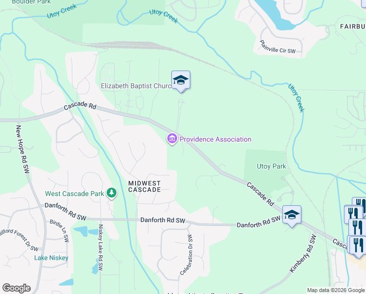 map of restaurants, bars, coffee shops, grocery stores, and more near 4215 Cascade Road in Atlanta