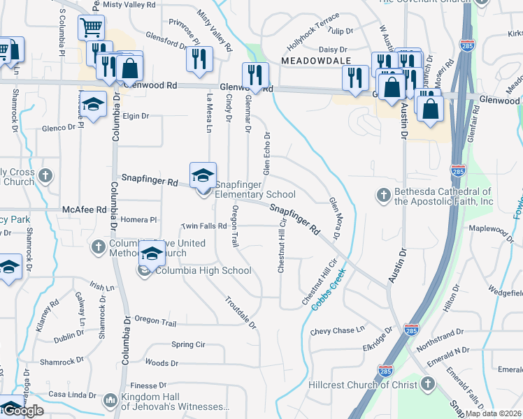 map of restaurants, bars, coffee shops, grocery stores, and more near 1508 Snapfinger Road in Decatur