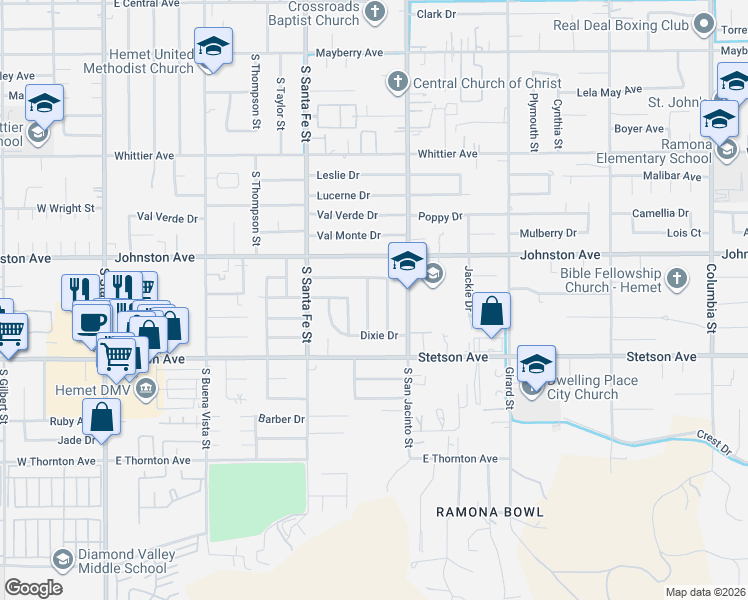 map of restaurants, bars, coffee shops, grocery stores, and more near 940 Marlyce Lane in Hemet