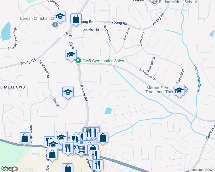 map of restaurants, bars, coffee shops, grocery stores, and more near 2014 Marbut Forest Drive in Lithonia