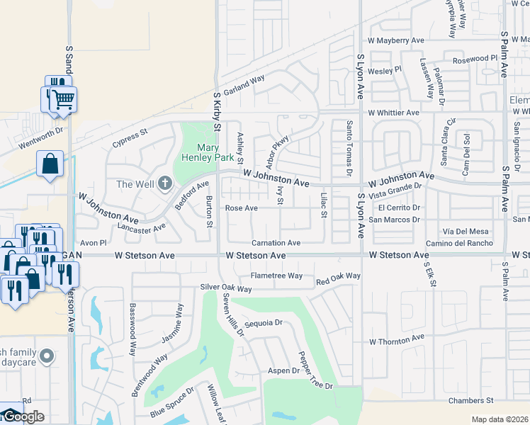 map of restaurants, bars, coffee shops, grocery stores, and more near 2367 Rose Avenue in Hemet