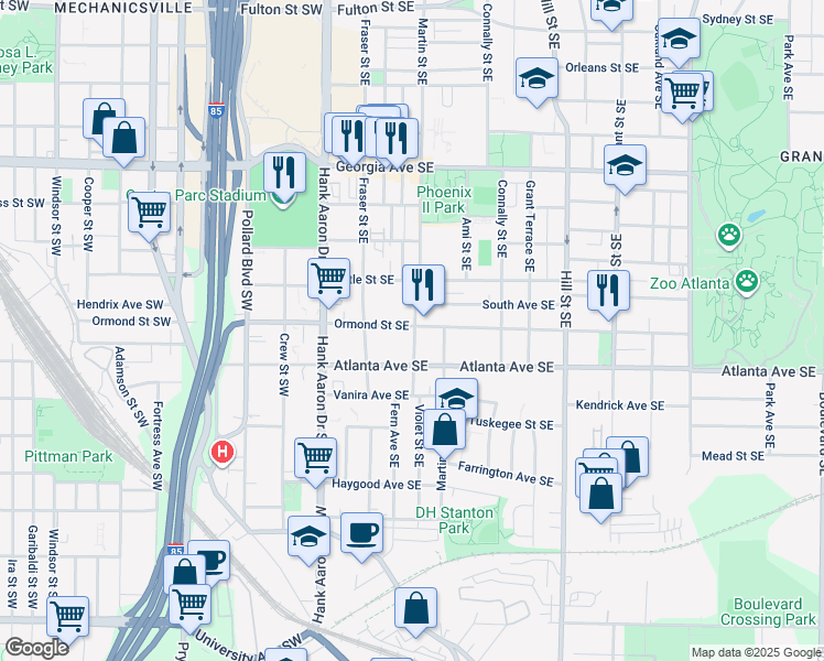 map of restaurants, bars, coffee shops, grocery stores, and more near 130 South Avenue Southeast in Atlanta