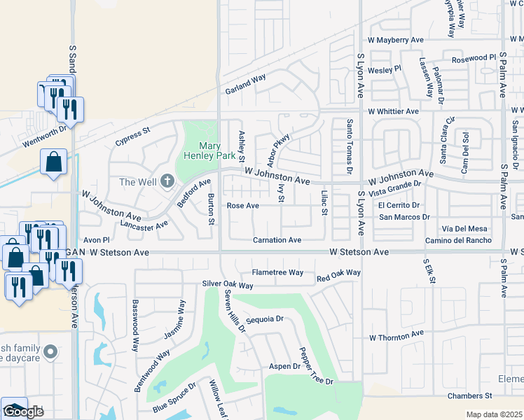 map of restaurants, bars, coffee shops, grocery stores, and more near 2377 Rose Avenue in Hemet