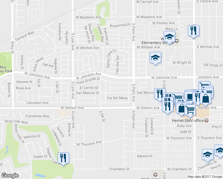 map of restaurants, bars, coffee shops, grocery stores, and more near 1145 Santa Maria Drive in Hemet