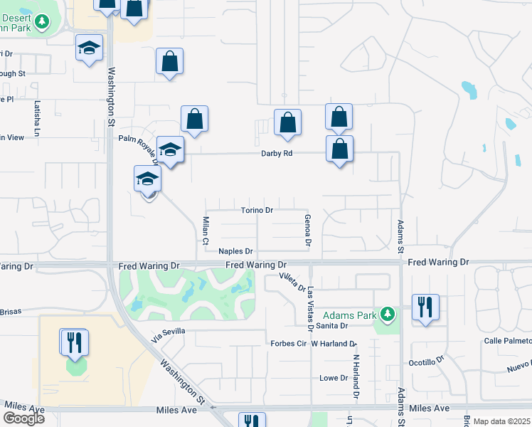 map of restaurants, bars, coffee shops, grocery stores, and more near 43677 Salerno Court in La Quinta