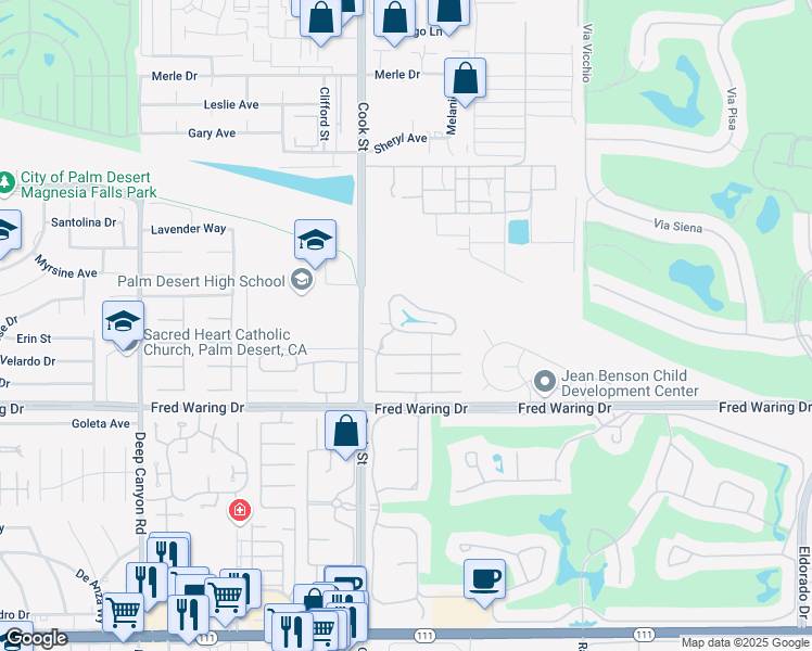 map of restaurants, bars, coffee shops, grocery stores, and more near 43376 Cook Street in Palm Desert