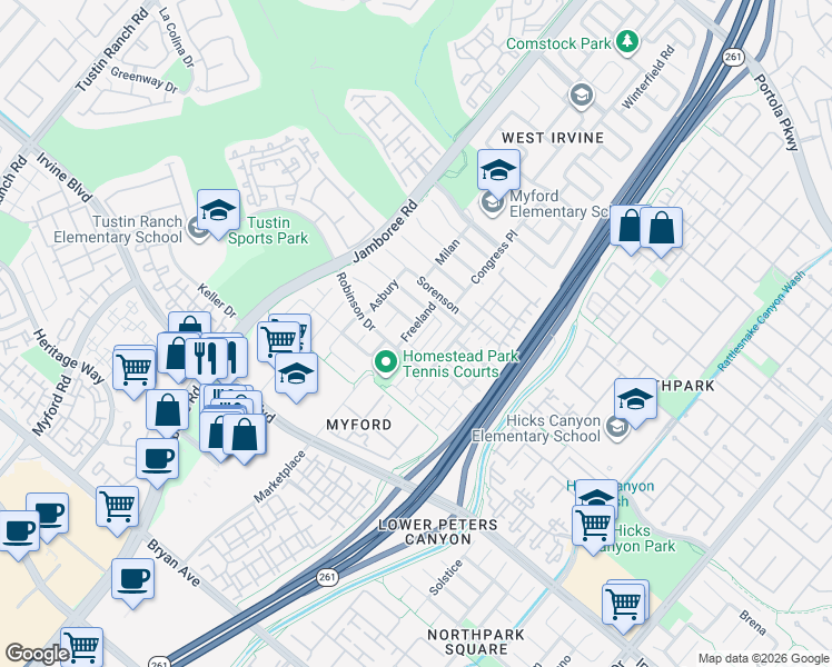 map of restaurants, bars, coffee shops, grocery stores, and more near 67 Autumn in Irvine