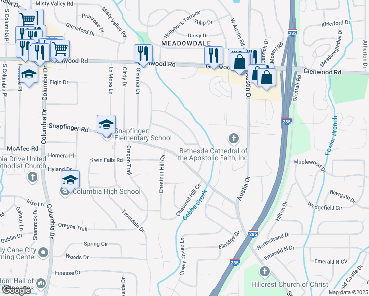 map of restaurants, bars, coffee shops, grocery stores, and more near 3685 Glen Falls Drive in Decatur