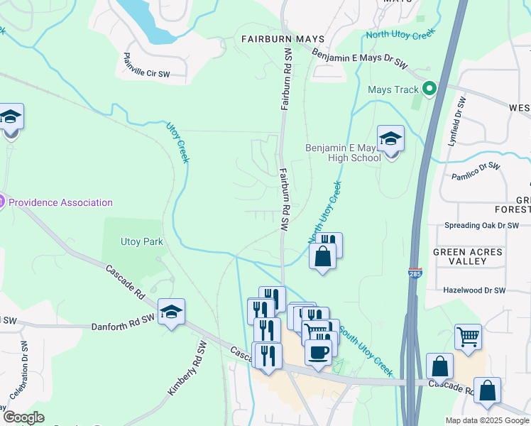 map of restaurants, bars, coffee shops, grocery stores, and more near 3620 Ginnis Court in Atlanta
