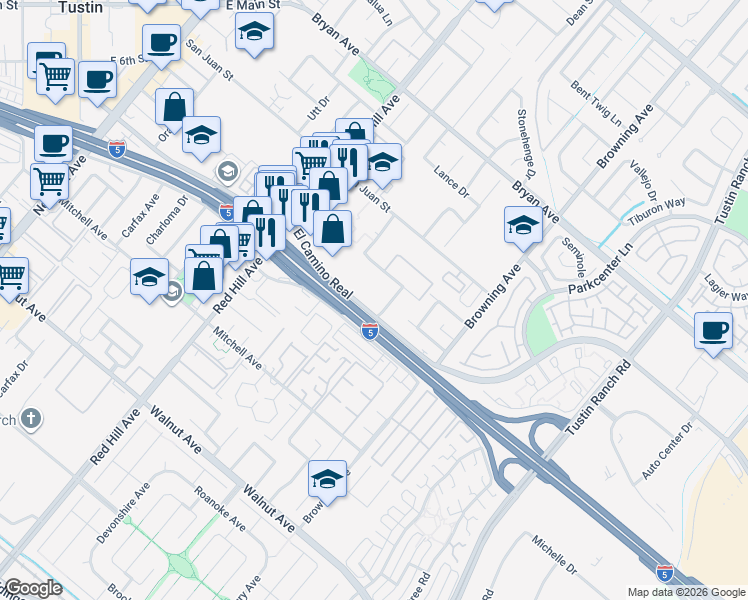 map of restaurants, bars, coffee shops, grocery stores, and more near 13921 Tustin East Drive in Tustin