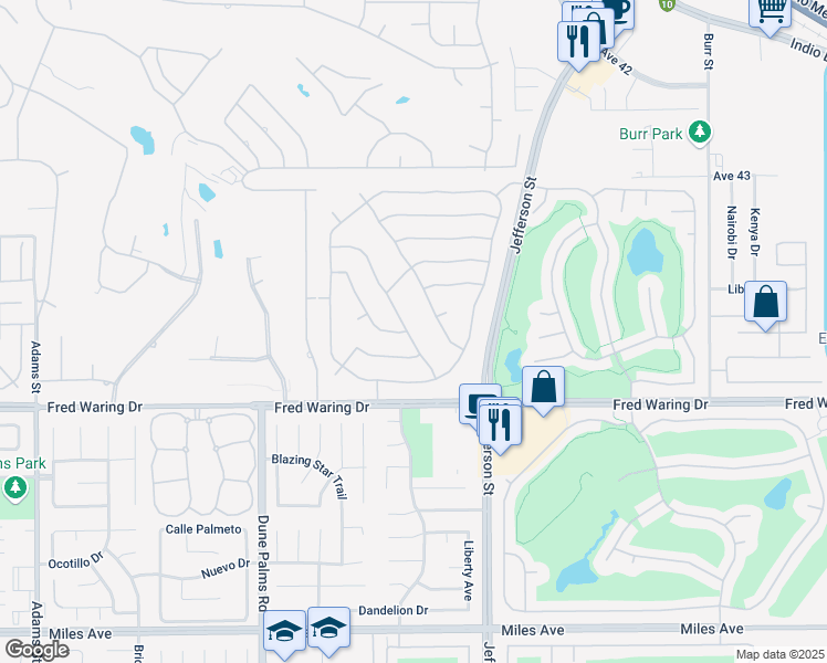 map of restaurants, bars, coffee shops, grocery stores, and more near 43688 Bordeaux Drive in La Quinta