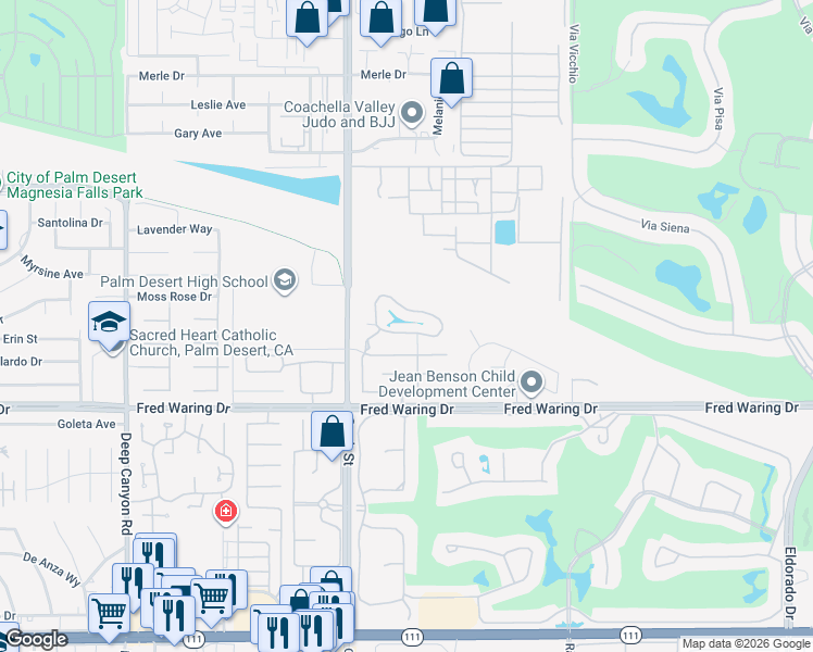 map of restaurants, bars, coffee shops, grocery stores, and more near 43376 Cook Street in Palm Desert