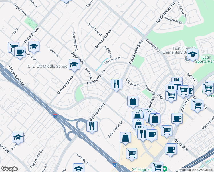 map of restaurants, bars, coffee shops, grocery stores, and more near 2281 Boxwood Place in Tustin
