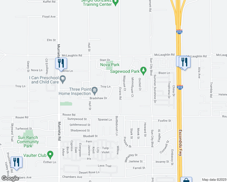 map of restaurants, bars, coffee shops, grocery stores, and more near 26437 Troy Lane in Menifee