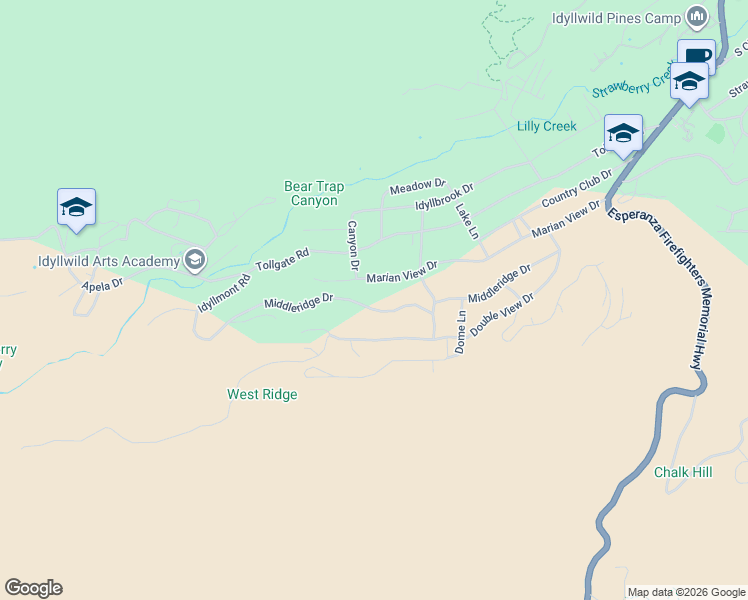 map of restaurants, bars, coffee shops, grocery stores, and more near Middleridge Drive in Idyllwild-Pine Cove