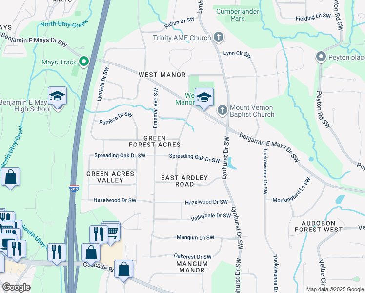 map of restaurants, bars, coffee shops, grocery stores, and more near 876 Laurelmont Drive Southwest in Atlanta