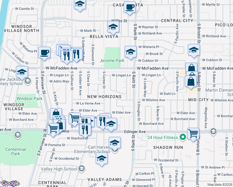 map of restaurants, bars, coffee shops, grocery stores, and more near 2028 West Dahl Lane in Santa Ana