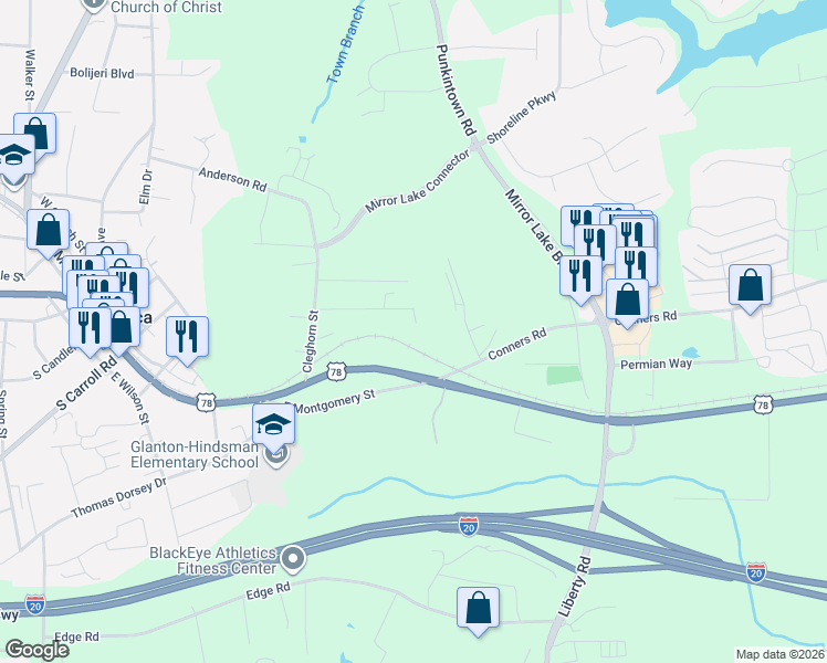 map of restaurants, bars, coffee shops, grocery stores, and more near 573 Russell Street in Villa Rica