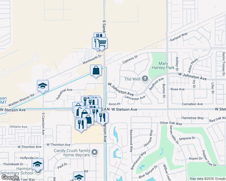 map of restaurants, bars, coffee shops, grocery stores, and more near 3248 Warley Road in Hemet