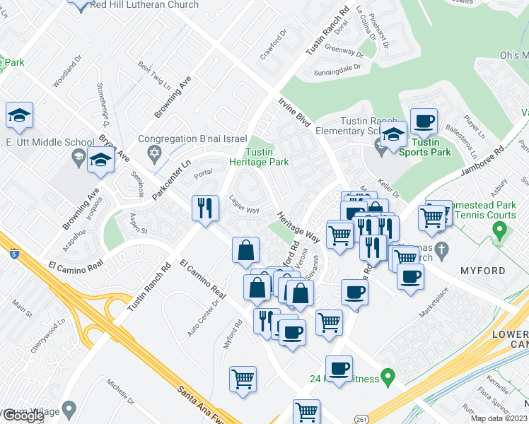 map of restaurants, bars, coffee shops, grocery stores, and more near 2487 Paseo Circulo in Tustin