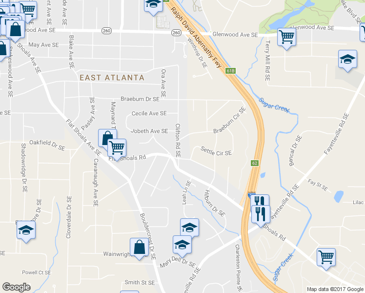 map of restaurants, bars, coffee shops, grocery stores, and more near 834 Clifton Road Southeast in Atlanta