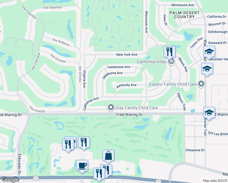 map of restaurants, bars, coffee shops, grocery stores, and more near 76718 Kentucky Avenue in Palm Desert