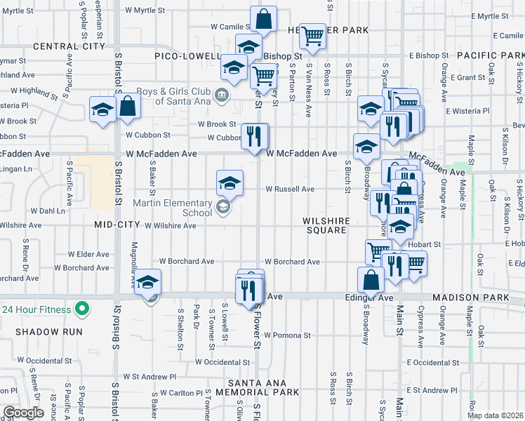 map of restaurants, bars, coffee shops, grocery stores, and more near 1229 South Flower Street in Santa Ana