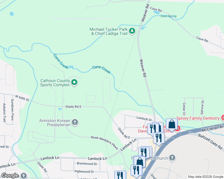 map of restaurants, bars, coffee shops, grocery stores, and more near 6239 Cane Creek Circle in Anniston