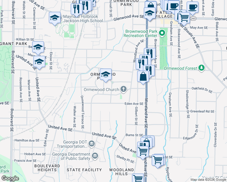 map of restaurants, bars, coffee shops, grocery stores, and more near 818 Eastwood Avenue Southeast in Atlanta
