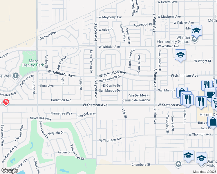 map of restaurants, bars, coffee shops, grocery stores, and more near 1545 El Cerrito Drive in Hemet