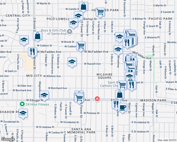 map of restaurants, bars, coffee shops, grocery stores, and more near 1229 South Garnsey Street in Santa Ana