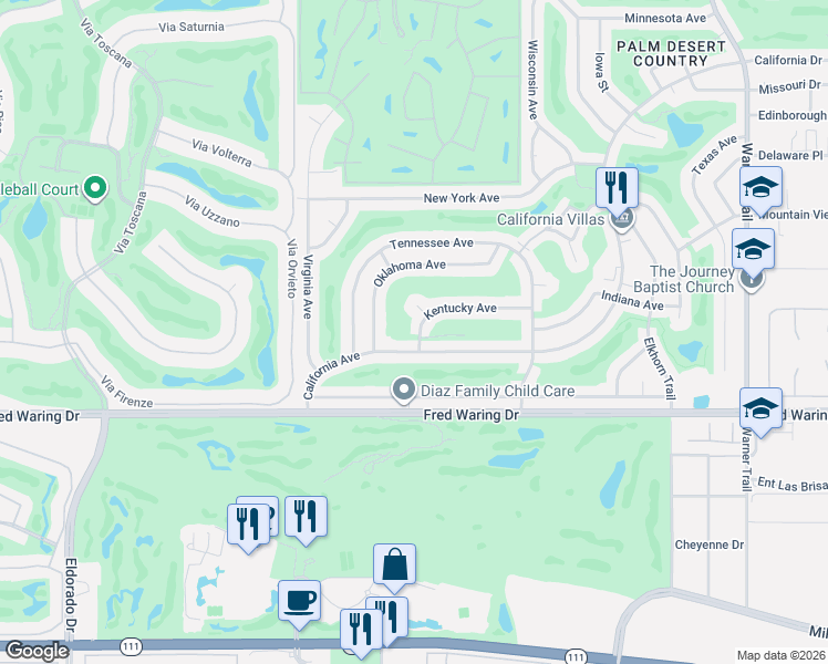 map of restaurants, bars, coffee shops, grocery stores, and more near 76747 Kentucky Avenue in Palm Desert