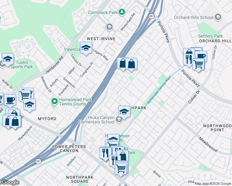 map of restaurants, bars, coffee shops, grocery stores, and more near 16 Mineral King in Irvine