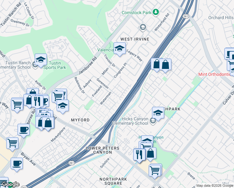 map of restaurants, bars, coffee shops, grocery stores, and more near 59 Sorenson in Irvine
