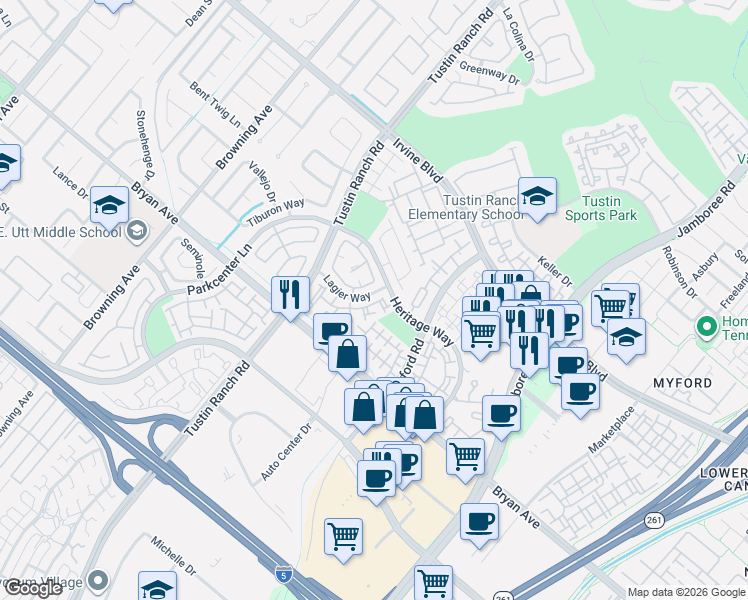 map of restaurants, bars, coffee shops, grocery stores, and more near 2487 Paseo Circulo in Tustin