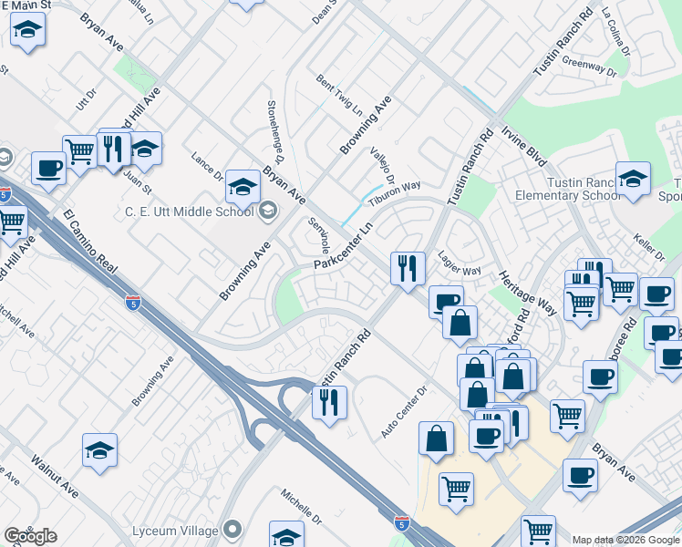 map of restaurants, bars, coffee shops, grocery stores, and more near 13535 Almond Street in Tustin