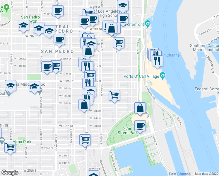 map of restaurants, bars, coffee shops, grocery stores, and more near 1325 South Centre Street in Los Angeles