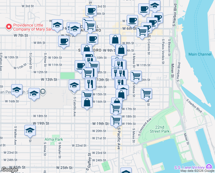 map of restaurants, bars, coffee shops, grocery stores, and more near 1320 South Grand Avenue in Los Angeles