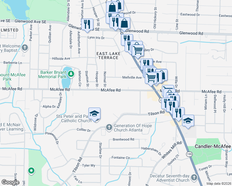 map of restaurants, bars, coffee shops, grocery stores, and more near 2488 McAfee Road in Decatur